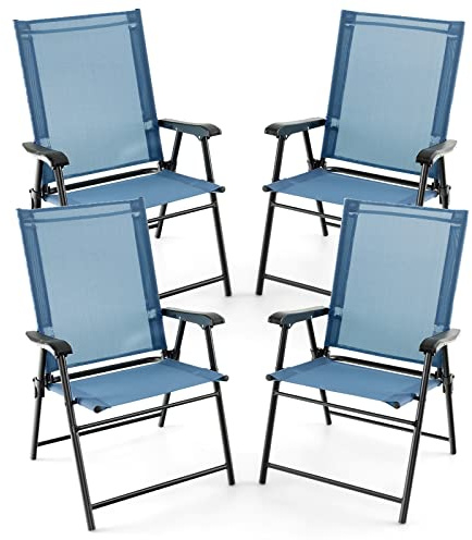 GIANTEX 4er Set Gartenstuhl klappbar, Klappstuhl Balkonstuhl, Terrassenstuhl mit hohen Rücken- & Armlehne, Garten Essstuhl wetterfest aus Metall & Textil, bis 150 kg belastbar (4, Blau)