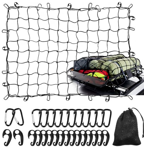WSSROGY 3' x 4' Cargo Net Stretches to 6' x 8', Heavy Duty Cargo Netting for Pickup Truck Bed, Roof Rack Net with Hooks Carabiners