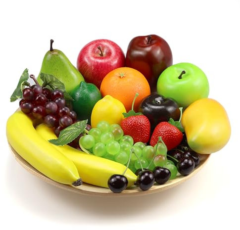 Ikosora 20 Pcs Fake Fruit Pack, Artificial Fruit for Decoration Party, Realistic Fake Fruits Table Centrepieces Decoration Home Kitchen, Lifelike Faux Fruits Apple Bananas Grape Mango Orange Pear