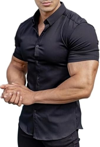 EOUOSS Camicia da Uomo a Maniche Corte, Elasticizzata, Aderente, a Maniche Corte, Casual, con Bottoni, Nero, L