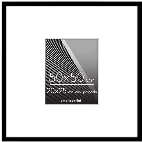 Americanflat Cornice 50x50 cm Nera - Cornice 20x25 cm con Passepartout o 50x50 cm Senza Passepartout - Portafoto con Bordo Sottile in PVC e Pannello Protettivo in Plastica