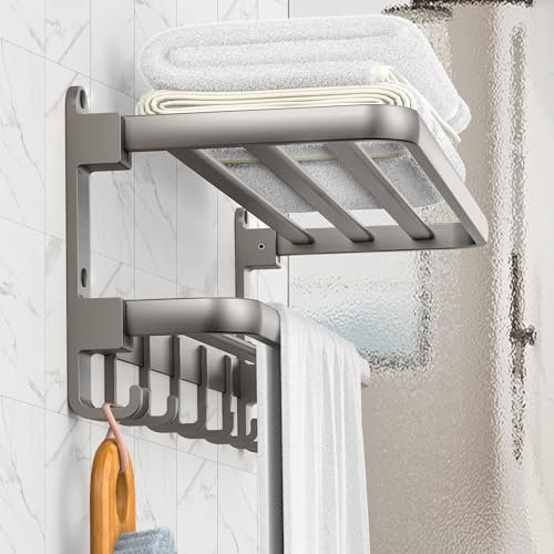 AIKER Toalleros De Baño Sin Taladro Mejorado,Toallero De Baño Engrosado,Reforzado Y Estable Montado En La Pared con 9 Ganchos para Toallas,60 Cm Accesorios Baño con Dos Modos De Instalación-Gris