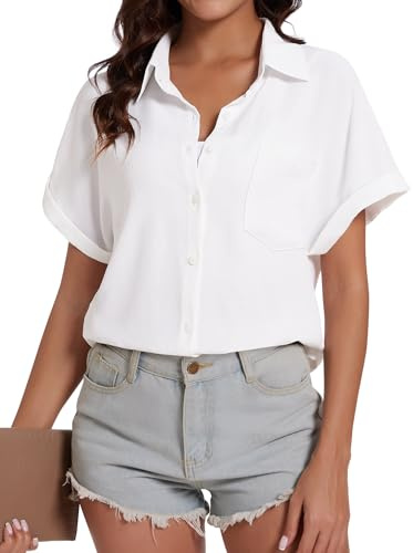 Kiiwah Camicia Donna Bianca Manica Corta Estiva, Blusa Donna Manica Corta a Traspirante con Tasche, Maniche Piegate, Maglia Donna Manica Corta Elegante Tinta Unita Classico Camicetta