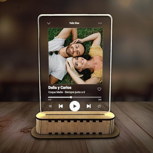 Lámpara Personalizada Spotify con Foto: Regalos Únicos para Amigos, Parejas y Amantes de la Música. Incluye Canción y Frases. Regalos Originales hecho en Metacrilato y Madera.