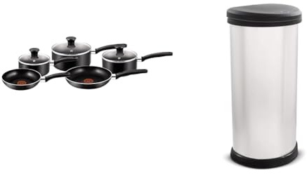 Tefal Essential, Aluminium Pots and Pans Set, 16 cm, 18 cm and 20 cm Saucepans with Lids & Curver Metal Effect 70% Recycled Kitchen One Touch Deco Bin, Silver, 40 Litre