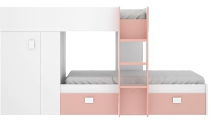 Mobelcenter, Cama Litera Tren Groe Infantil y Juvenil, Cama Tren con Armario y 2 Cajones, Medidas: Ancho: 271 cm x Fondo: 111 cm x Alto: 150 cm (Blanco y Rosa)