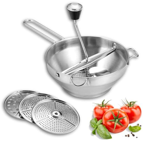 VINGVO Stainless Steel Food Mill for Tomato Sauce with 3 Grinding Discs, Ergonomic Food Masher Handle & Dual Hooks, Dishwasher Safe Potato Ricer, Masher for Puree, Jams, Canning