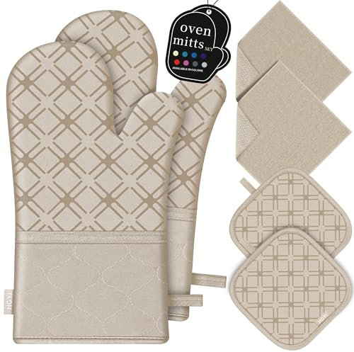 Lot de 6 gants de cuisine et maniques avec chiffon de nettoyage en microfibre, gants de cuisine et coussinets chauds en silicone, résistants à la chaleur de 260 °C, beige