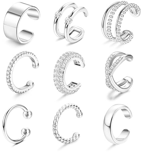 JeweBella 9Pcs Ear Cuff Set für Damen Fake Ohrringe Ohrklemme 14K Gold Earcuffs Einstellbar Ohrclips Damen Ohne Ohrlöcher Knorpel Ohrmanschette Clip Ohrringe Non Piercing Gold/Silber/Roségold/Schwarz