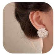 JGHIFLYE Vintage Big Pearl Stud Earrings For Women,Handmade Beaded Cream White Unique Earrings Art For Brides Party Wedding
