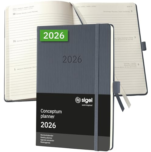 SIGEL C2666 Wochenplaner Wochenkalender 2026, ca. A5, dunkelgrau, Hardcover, 192 Seiten, Gummiband, Stiftschlaufe, Archivtasche, aus nachhaltigem Papier, Kalenderbuch Conceptum