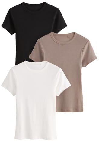 THE SET Damen t gerippte Kurzarm-T-Shirts, 3er-Pack Schwarz/Taupe Braun/Weiß L