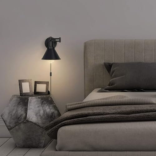 GZZBMY Innen Wandleuchte Mit Stecker Metall Lampenschirm E27 Wandlampe Vintage Wand Dekorative Bettlampe Swing Arm Verstellbar Wandlicht Leseleuchte für Schlafzimmer Wohnzimmer (Schwarz,1 Pack)
