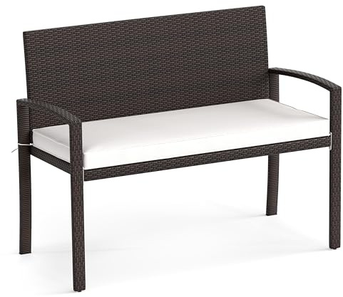 GIANTEX Gartenbank Rattan mit Auflage, Sitzbank Outdoor wetterfest, Balkonbank für 2 Personen, Terrassenbank Parkbank mit Rückenlehne & Armlehnen, Bank Outdoor bis 360 kg belastbar, 110 x 56 x 84 cm