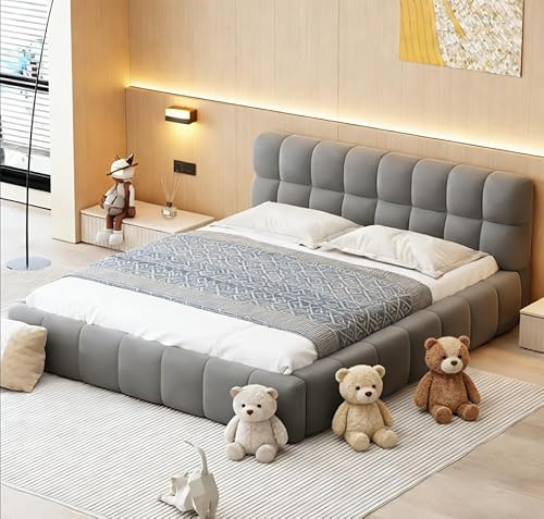 Lietre Bubble Bett Polsterbett 140x200, Doppelbett Gepolstertes, Jugendbett mit Lattenrost und Rückenlehne, Erwachsenenbett Flachbett, Leinen, Ohne Matratze(Grau, 140X200)