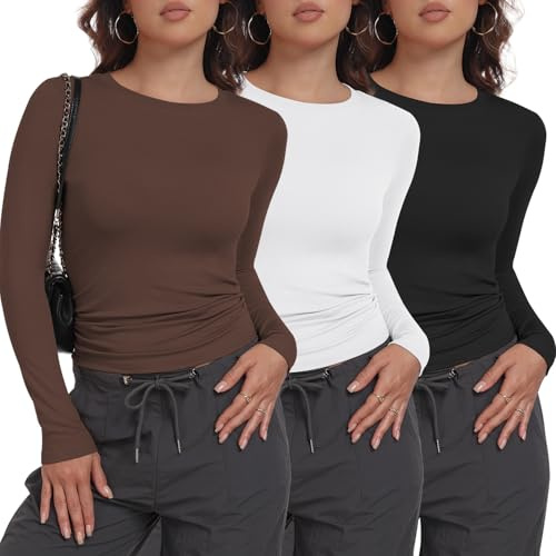 miijoory Pack de 3/5 camisetas de manga larga para mujer, cuello redondo, básico, manga larga, corte ajustado, Y2K, top informal, elástico, manga larga, L