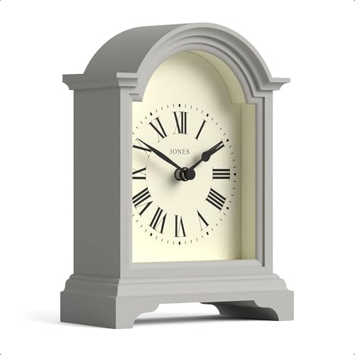 JONES CLOCKS® Bistro Kaminsimsuhr | Kleines klassisches wagenuhr-Design mit bogendecke | Grau | Zeitgenössischer klassischer Stil für kaminsims, Schreibtisch, Tisch, Regal und nachttisch