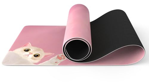 Haquno Extra dicke Yogamatte 6 mm，Yoga Mat – rutschfeste Trainingsmatte für HIIT, Pilates und Heimtraining und Training mit kostenlosem Tragegurt (rosa Katze)
