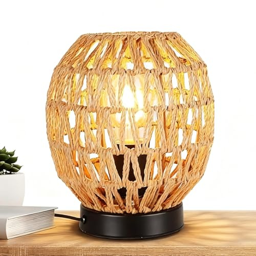 GOMETY LED Tischlampe Rattan, Boho Nachttischlampe, Rattan Schreibtischlampe Mit Eisensockel, E27 Schreibtischlampe Retro, Handgewebte Lampenschirme für Schlafzimmer Esszimmer Hochzeit Party Drinnen