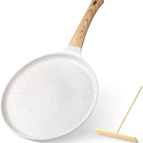 Générique Crêpière Antiadhésive avec Manche en Bois, 28 cm, Gris Moucheté avec Spatule en Bois