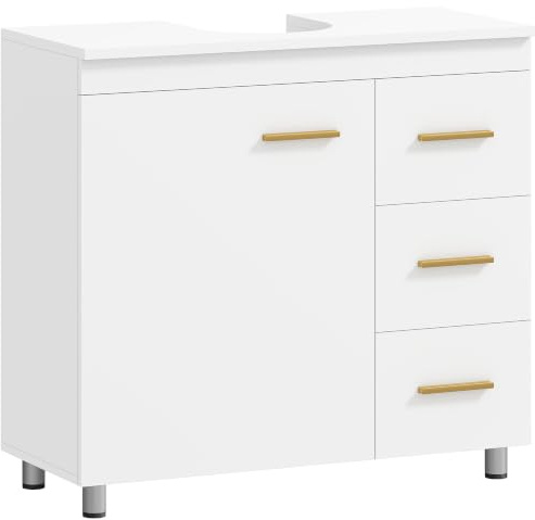 HOMCOM Waschbeckenunterschrank mit Tür 3 Schubladen 70 x 30 x 65 cm Weiß | Unterschrank, Griffen, Badezimmerschrank, Waschtischunterschrank, Badschrank, für Badezimmer