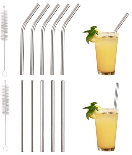 Fukaisu 10uds Pajitas Cortas Reutilizables de Acero Inoxidable de 13cm 5 Rectas y 5 Dobladas, con 2 Cepillos Limpieza para Tazas Café Vasos Pequeños y Cócteles