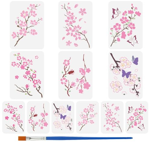 FINGERINSPIRE 12 Pz Stencil a Forma di Ramo di Ciliegio con Pennello 29.7x21cm/20x14cm Stencils di Fiore di Ciliegio Stencil di Fiori e Petali di Farfalle Stencils per Artigianato Fai da Te