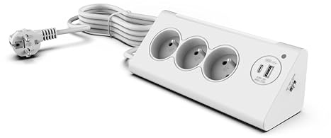 Multiprise d'angle Northpoint à 3 Prises avec veilleuse et capteur crépusculaire, Sorties USB et USB-C, Longueur de câble 140 cm (Blanc)