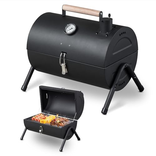 LEADZM Barbecue Charbon de Bois portable avec thermomètre et poignée en bois, barbecue compact de table pour camping extérieur et jardin, 34×22 cm