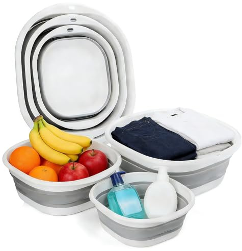 UHETLET 3 Lavabos Plegables, Fregadero Portátil para Camping, Cocina y Hogar, Barreño Plegable de Plástico en 3 Tamaños, Palangana Plegable que Ahorra Espacio, Cubo Lavamanos Multiusos-Gris y Blanco