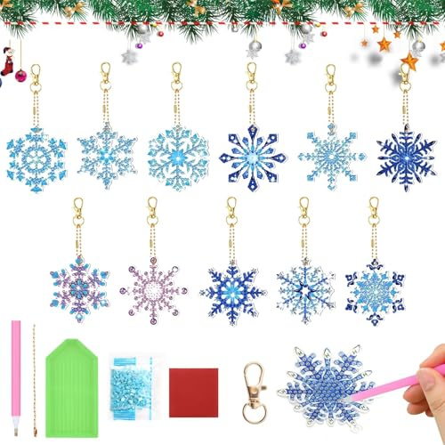 Diamond Painting Set 12 Stück 5D Schneeflocke Anhänger, DIY Diamantmalerei Schlüsselanhänger beidseitig, Kinder Bastelset für Fenster, Schulranzen & Kindergeburtstag, Winterdeko Acryl Strass Ornamente