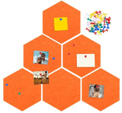 QUARKZMAN 6 Stück Sechseckige Filz Pinnwand 22 x 19 cm Korkpinnwände Orange | Selbstklebende Filz Pinnwand, Mit 40 Stück Reißzwecken, Für Wanddekoration Notizen Fotos Pläne