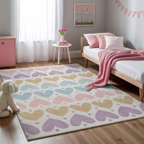 the carpet Beat Kids Moderner Weicher Kinderteppich, Weicher Flor, Pflegeleicht, Farbecht, Herzchen Muster, Creme Bunt, 140 x 200 cm