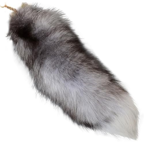 Fuchsschwanz, 39, 9 cm, Tierschwanz, zotteliges Kunstfell, realistischer Fuchs-Schlüsselanhänger, dekorativer Therian für Handtasche, Rucksack, Cosplay, silberfarbener Schlüsselanhänger aus Kunstfell