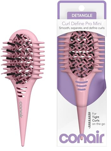 Conair Curl Define Pro Mini Detangler Brush for Tight Curls, Dual-Vent Design Curl Defining Brush with Continuous Grooves, Mixed Bristles for Frizz-Free Detangling, Smoothing, and Definition, Pink