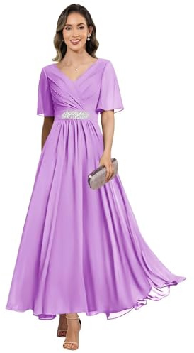 Eossvifer Damen Chiffon Brautjungfernkleider V-Ausschnitt Abendkleider Lang Formelles Ballkleid Elegant Brautmutter Kleid