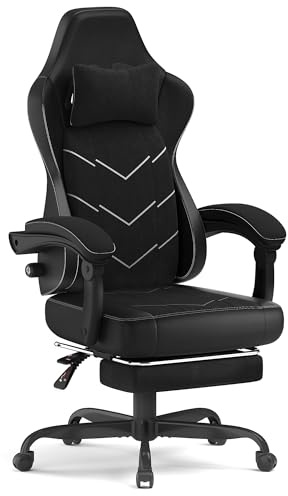 Devoko Gaming Stuhl mit Fußstütze, 2D Armlehnen Ergonomischer Bürostuhl 200kg Belastbar, 52cm Extra Breite Sitzfläche, Atmungsaktiver Stoff Schreibtischstuhl mit Lendenwirbelstütze,Schwarz