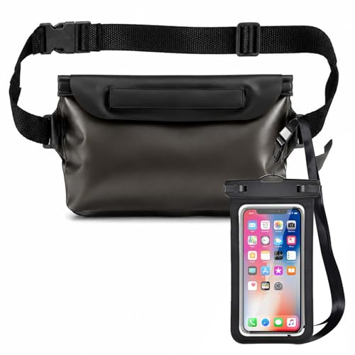 Custodia impermeabile per cellulare e marsupio impermeabile Set - IPX8, con tripla chiusura, touchscreen e Face ID, borsa impermeabile per spiaggia, nuoto, immersioni, sport acquatici