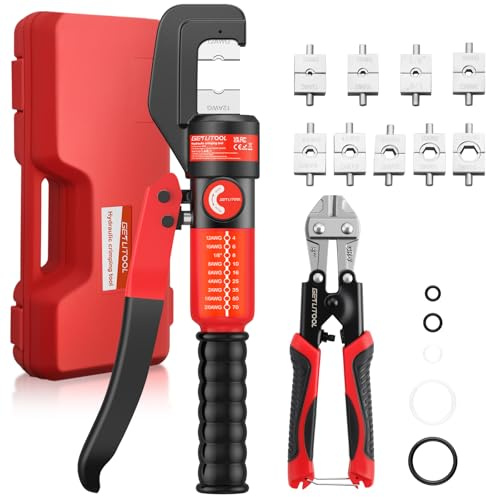 GETLITOOL 8-Ton Hydraulic Crimping Tool Kit with 9 Dies & Wire Cutter | 9 Interchangeable Dies 4、6、8、10、16、25、35、50、70MM²,Built-in Wire Cutter,Ideal for Battery,Welding,and Power Cable Application