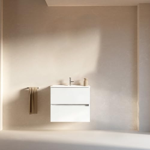 Feel Your Bath Mueble de Baño Lion 60 cm Blanco Brillo con Encimera Cerámica Blanca Brillo, Lavabo Incluido, 2 Cajones Soft Close, Diseño Suspendido, diseño Compacto para baños pequeños, Baño Moderno