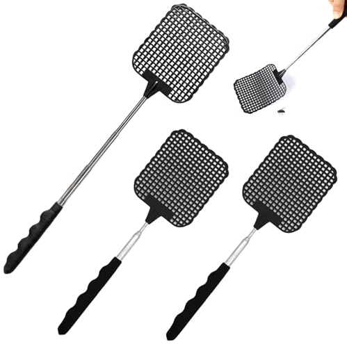Matamoscas Telescópico Ajustable, Juego de 4 Matamoscas Extensibles de 26 cm a 76 cm, Mango Antideslizante de Acero Inoxidable y PP, Ligero y Resistente para Moscas, Mosquitos e Insectos