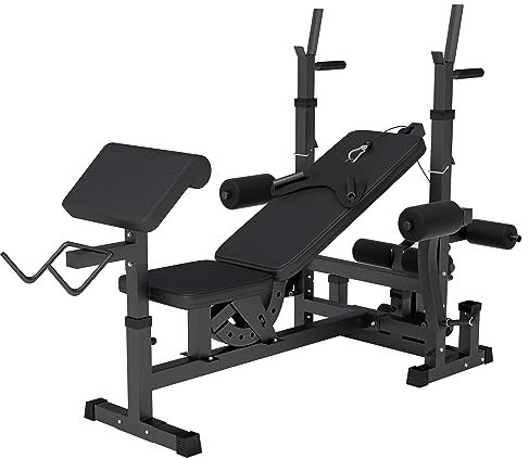 GORILLA SPORTS® Multifunktion Hantelbank - Verstellbar, mit Langhantel-Ablage, Curlpult und Butterfly, Dip-Station, Beincurler, Bankdrücken, Schwarz/Weiß - Trainingsbank, Kraftstation, Fitness Bank
