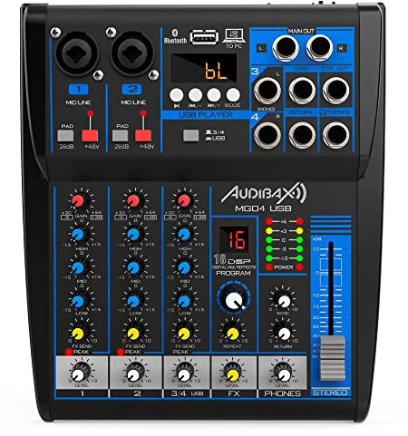 Audibax MG04 USB Mesa Mezclas con 4 Canales Bluetooth, MP3, USB Rec y Efectos