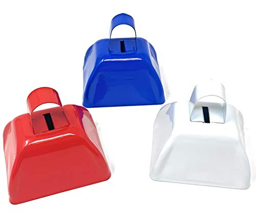 Funiverse Patriotic Cowbells Bulk Pack of 24 - Red White Blue American Flag Noise Makers, Steel Mini Cow Bell for 4th of July, Memorial Day, Parades, Sports Events, Kids Party Favors