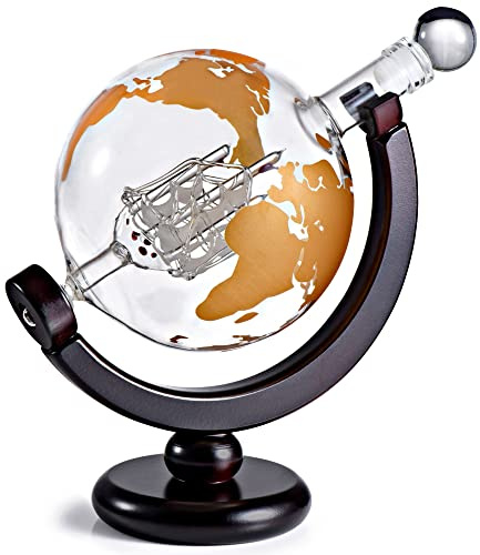 Whiskey Dekanter Globus Geschenkset - Rich Base Tray - Gold Whiskey Dispenser Luftdichter Stopper für Wein, Bourbon, Brandy, Saft, Wasser - Dekanter Sets für Männer Weihnachtsgeschenke für Papa Freund