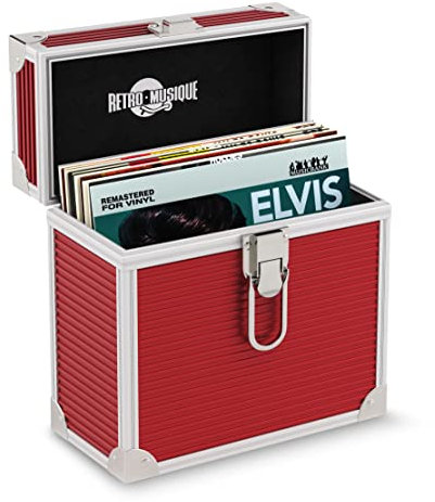Retro musique 7 Aluminum Vinyl Record Storage Case Holds up to 35 EP (in PVC Bags) and 35 Exterior Vinyl Record Pockets, red, Retro