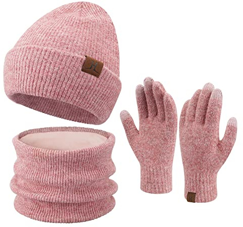 ZASFOU Damen Winter Beanie Mütze Schal Touchscreen Handschuhe Set Warme Wintermütze Loop Schal Schlauchschal Winterhandschuhe Weihnachten Geschenk für Frauen