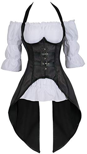 Grebrafan Goth Halter Neck Underbust Corset with Steampunk Blouse 3XL Black