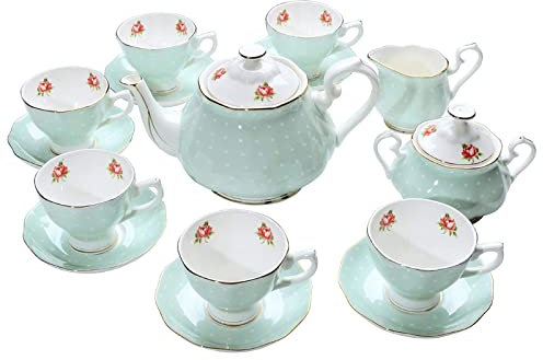 Teeservice im Hofstil für Erwachsene, Teetasse und Untertasse, Löffel-Set Bone China Teeservice für Nachmittagstee und Kaffee, Teekanne mit Zuckerdose, Sahnekännchen, blau