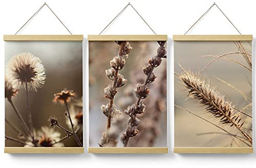 Feeby Posterleiste Set 3 Bilder Boho Highland Kuh Holz 40x60 cm Magnet Halter Leisten Posterhänger Wohnzimmer Bild Bilder Bilderleiste Bilderrahmen aus Echtholz Teakholz Pampasgras Natur Beige